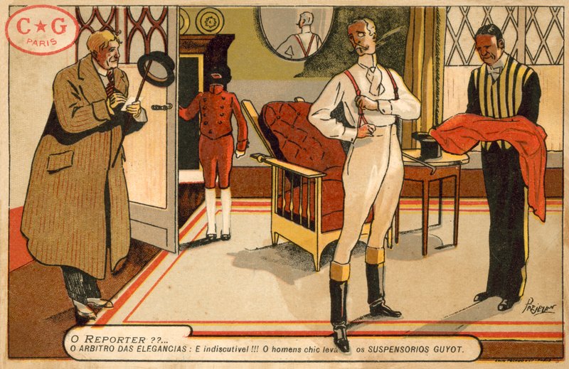Reporter som intervjuar en gentleman som klär på sig (chromolitho) av French School