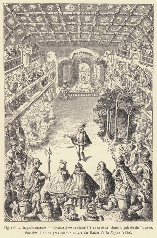 Representation av en balett inför Henri III och hans hov, i Louvren (gravyr) av French School