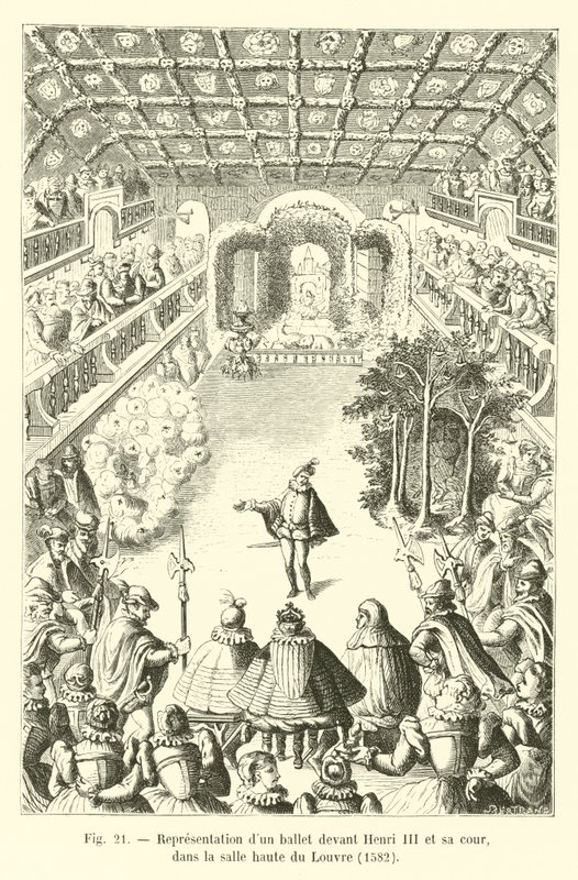 Framförande av en balett inför Henri III och hans hov, i Louvrens övre sal, 1582 av French School