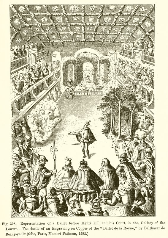 Representation av en balett inför Henri III och hans hov, i Louvrens galleri av French School
