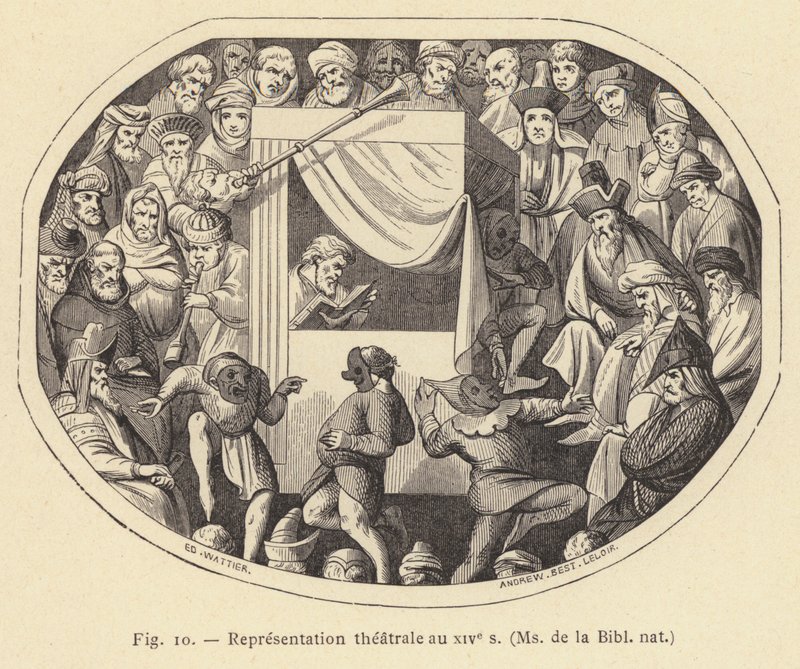 Teaterföreställning på 1300-talet, Ms de la Bibl nat (gravyr) av French School