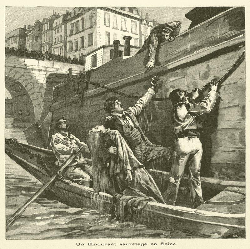 Räddning av en kvinna från floden Seine i Paris (gravyr) av French School