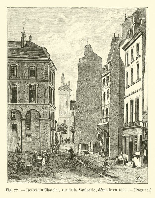Rester av Chatelet, rue de la Saulnerie, revs 1855 av French School