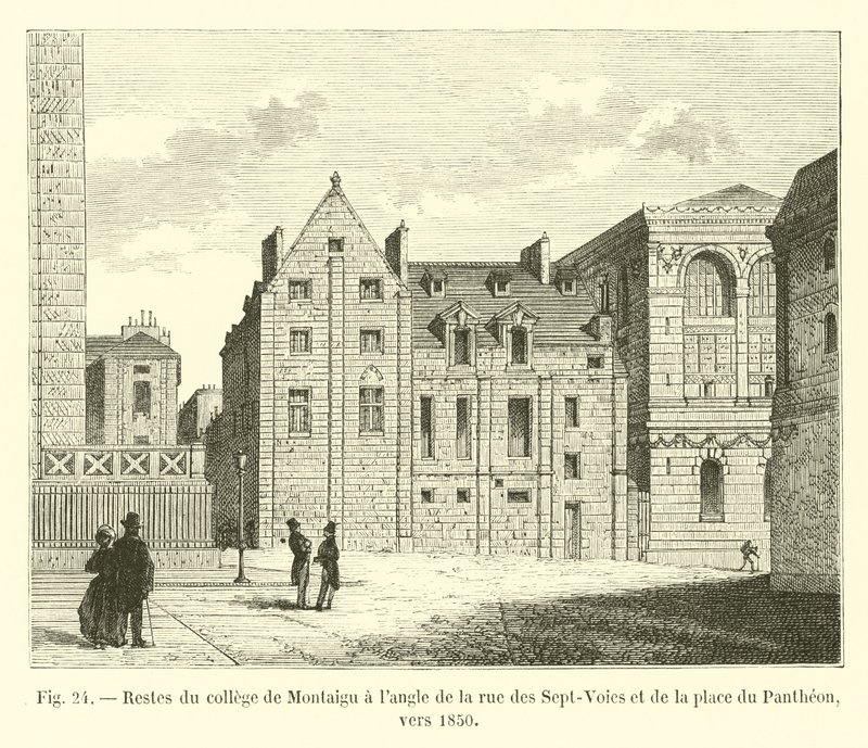 Rester av Montaigu-kollegiet i hörnet av rue des Sept-Voies och place du Pantheon, omkring 1850 av French School