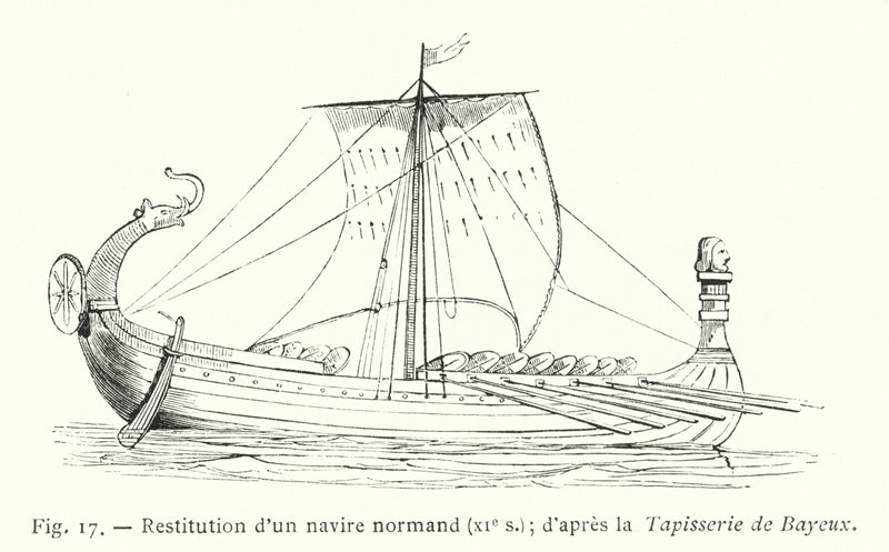 Restitution av ett normandiskt skepp, 1000-talet; efter Bayeuxtapeten (gravyr) av French School