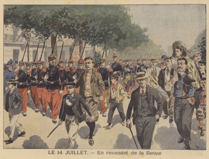 Återvänder hem från Bastilledagens parad (färg litho) av French School