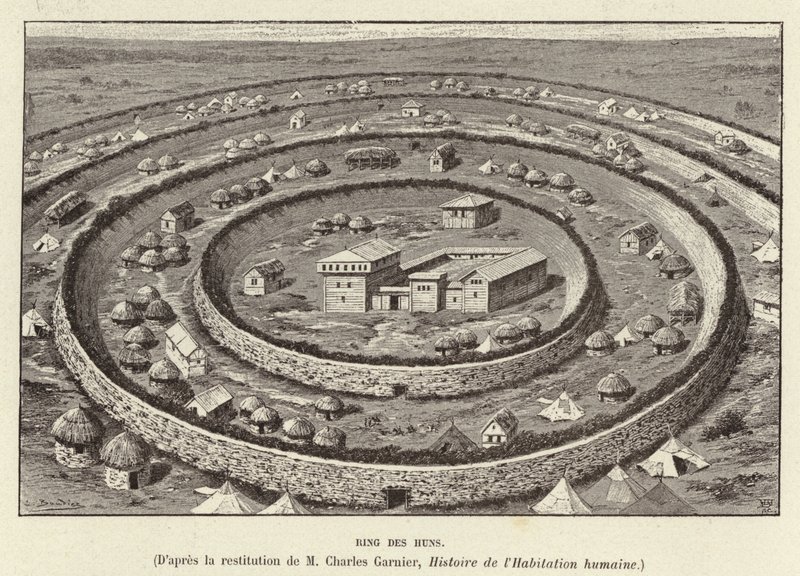 Ring des Huns. Ringformade befästningar som skyddar en bosättning av hunnerna (gravyr) av French School