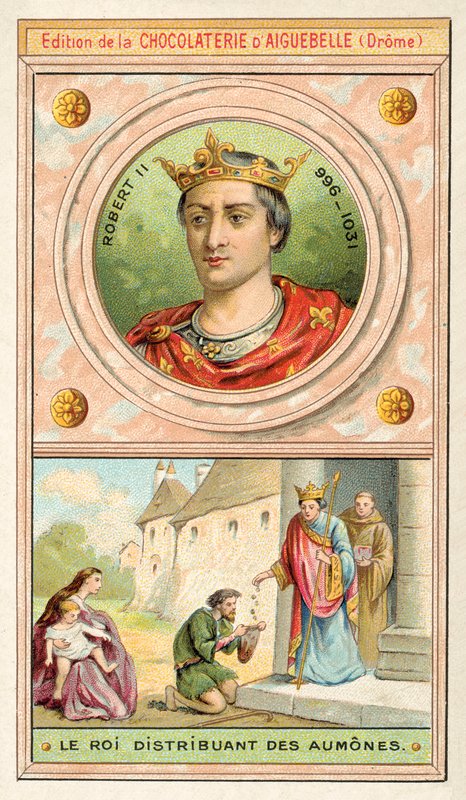 Robert II av Frankrike distribuerar allmosor (chromolitho) av French School