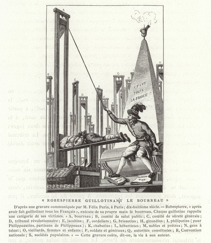 Robespierre giljotinerar bödeln, franska revolutionen av French School