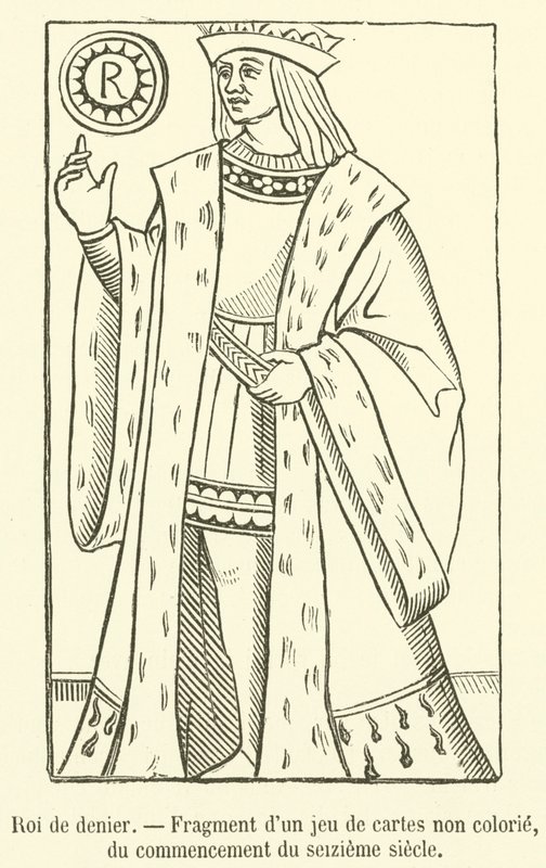 Roi de denier, Fragment av en ofärgad kortlek, från början av 1500-talet (gravyr) av French School