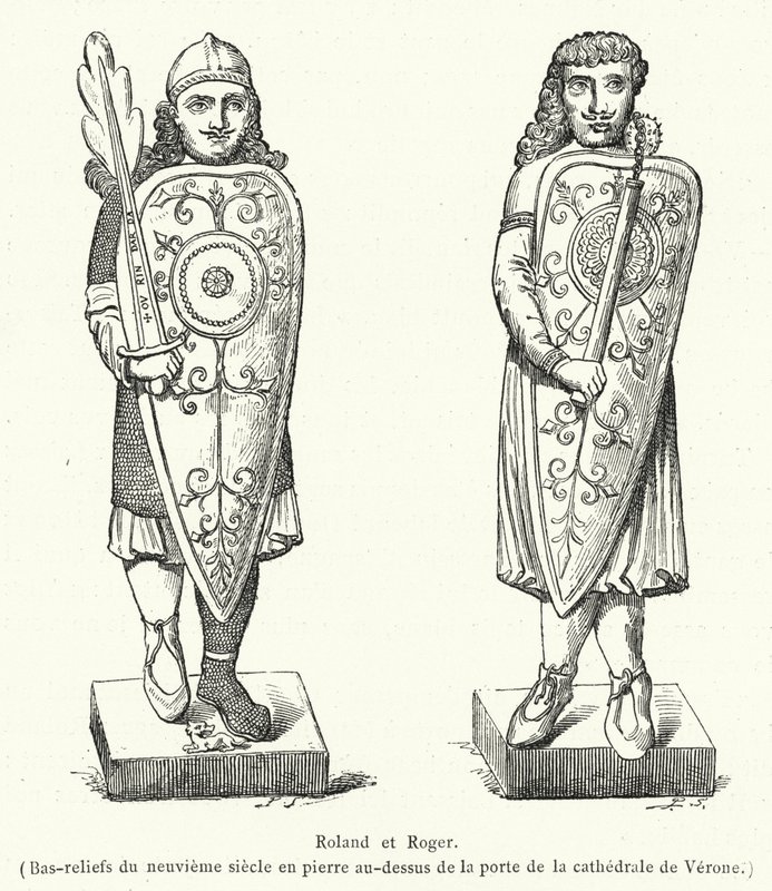 Roland och Roger, basreliefer i sten från 800-talet ovanför dörren till Veronas katedral (gravyr) av French School
