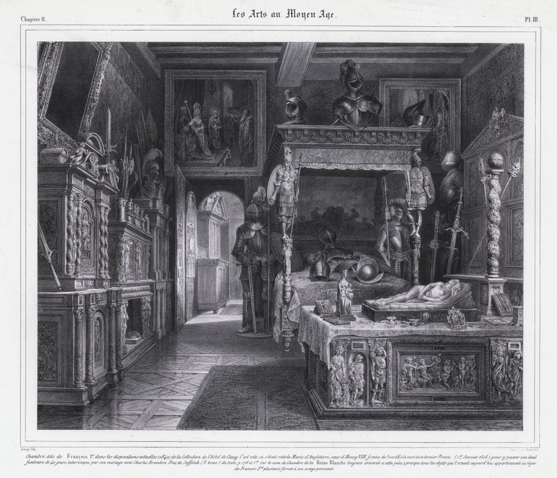 Rum på Hotel de Cluny, Paris, där Mary Tudor tillbringade sin sorgeperiod 1515 efter sin mans, kung Ludvig XII av Frankrikes död (litho) av French School