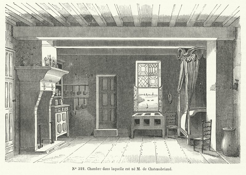 Rum på Hotel de France i St Malo, Bretagne, där den franske författaren och politikern Francois-Rene de Chateaubriand föddes (gravyr) av French School
