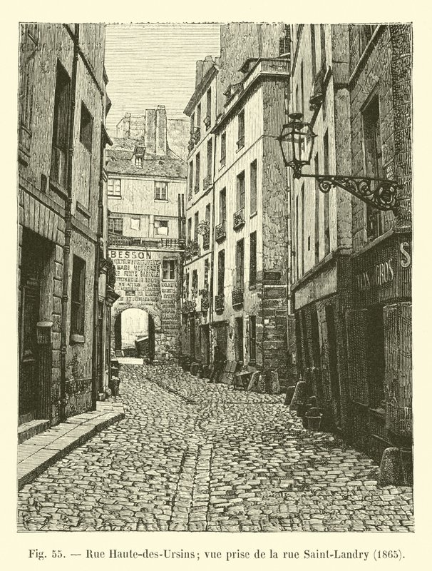 Rue Haute-des-Ursins; vy tagen från rue Saint-Landry, 1865 av French School