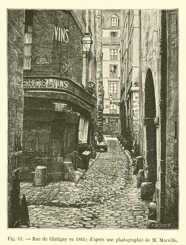 Rue de Glatigny 1865; från ett fotografi av M Marville av French School