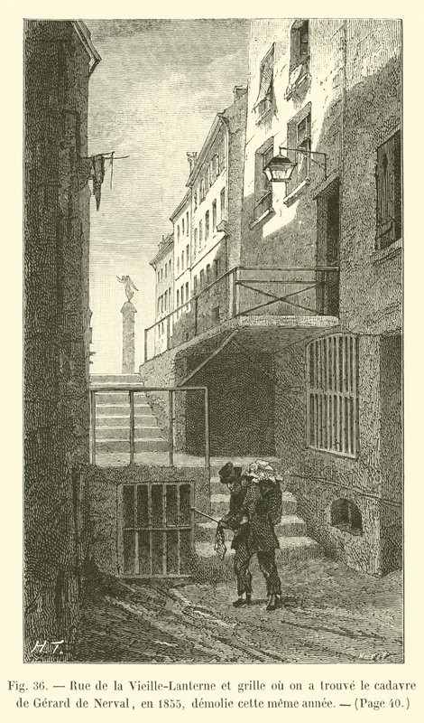 Rue de la Vieille-Lanterne och porten där liket av Gerard de Nerval hittades 1855, revs samma år av French School