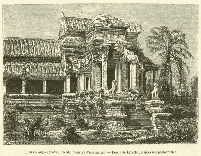 Ruiner vid Angkor-Vat, inre fasad av ett hus (gravyr) av French School