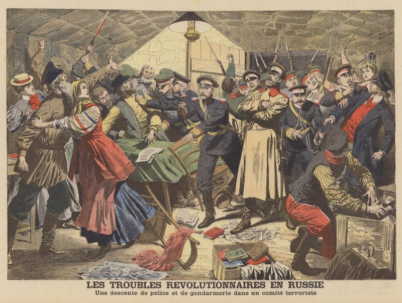 Rysk polis bryter upp ett revolutionärt möte (färg litho) av French School