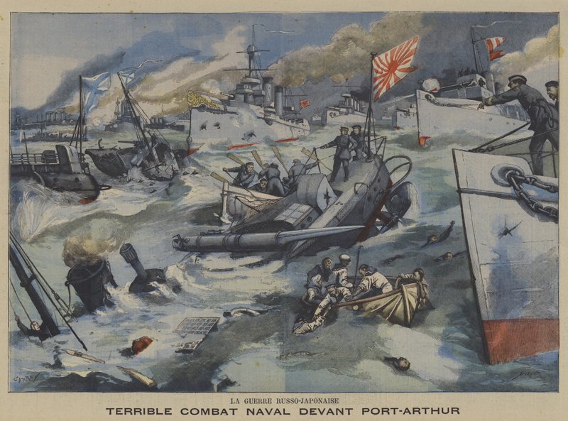 Rysk-japanska kriget: sjöslag utanför Port Arthur (färg litho) av French School