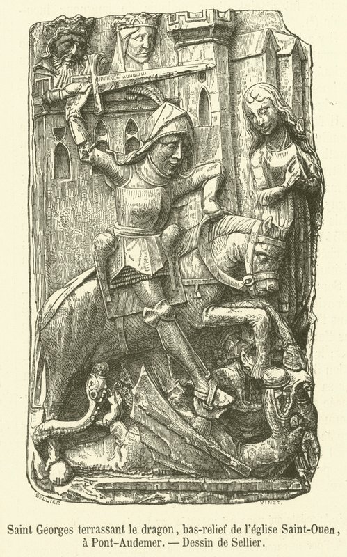 Saint George som dödar draken, basrelief av Saint-Ouen-kyrkan, i Pont-Audemer (gravyr) av French School