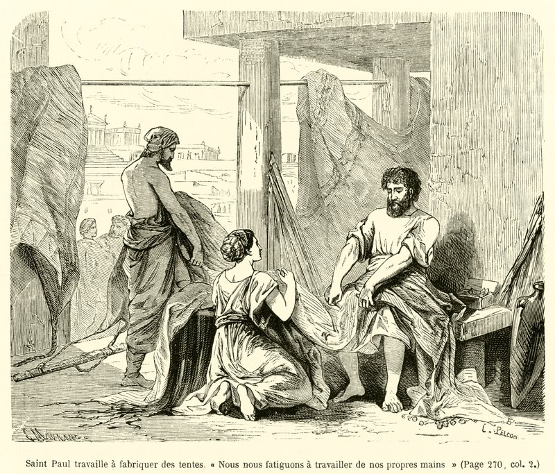 Saint Paul arbetar med att göra tält, "Vi tröttnar på att arbeta med våra egna händer" (gravyr) av French School