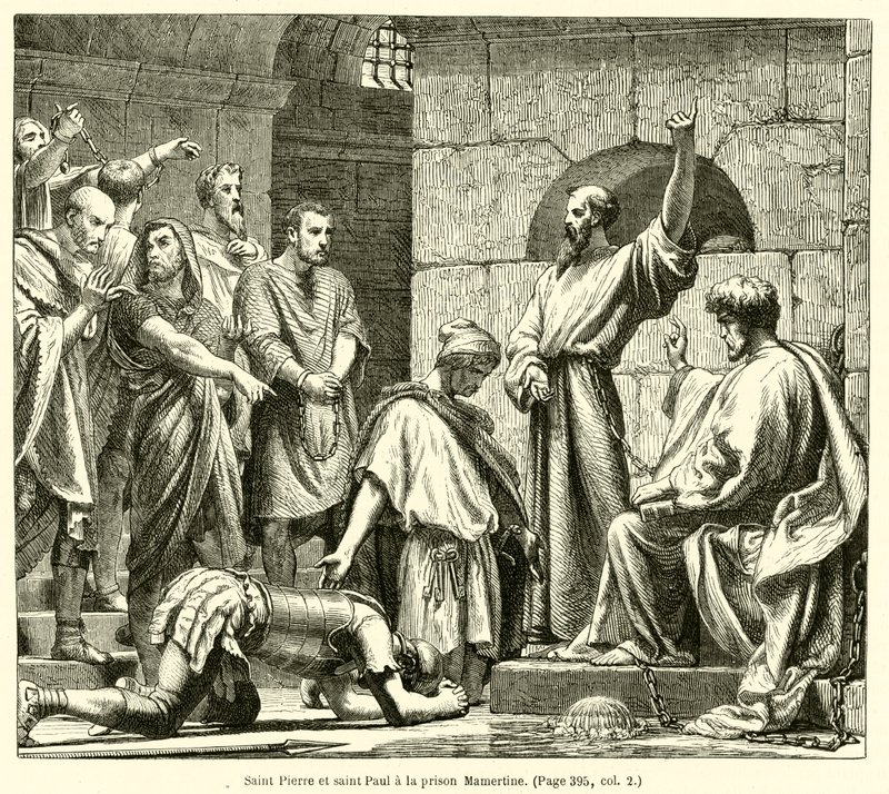 Saint Peter och Saint Paul i Mamertine-fängelset (gravyr) av French School