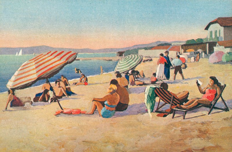 Saint Tropez: Bouillabaisse-stranden (färglitografi) av French School
