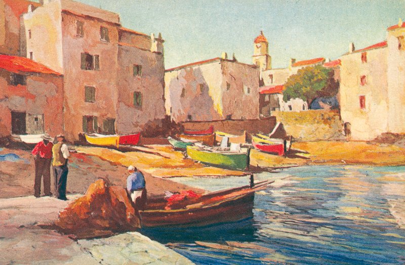 Saint Tropez: Den gamla fiskarhamnen (färglitografi) av French School
