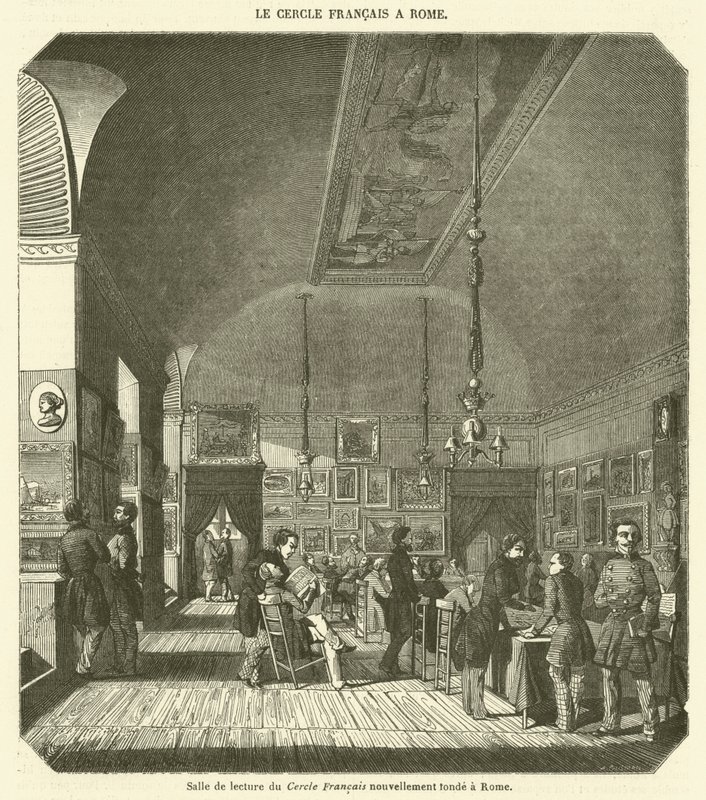 Läsesalen i den i Rom nygrundade Cercle Francais (gravyr) av French School