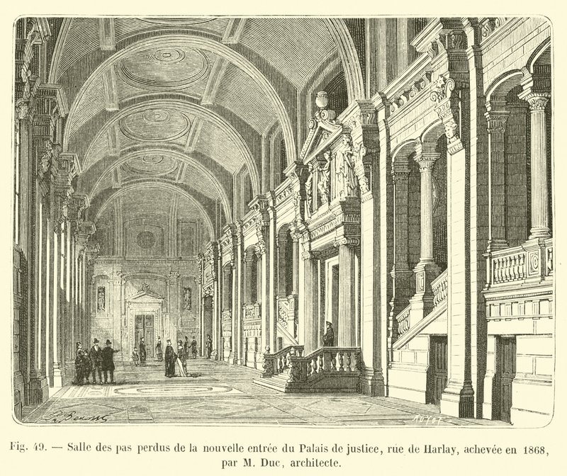 Salle des pas perdus av den nya ingången till Palais de justice, rue de Harlay, färdig 1868, av M Duc, arkitekt av French School
