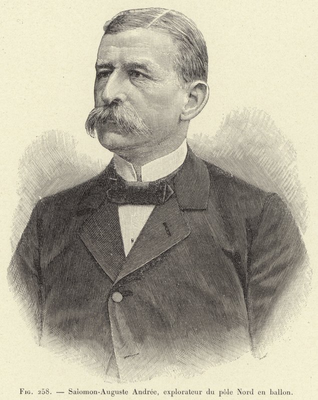 Salomon-Auguste Andree, upptäcktsresande av Nordpolen i en ballong (gravyr) av French School