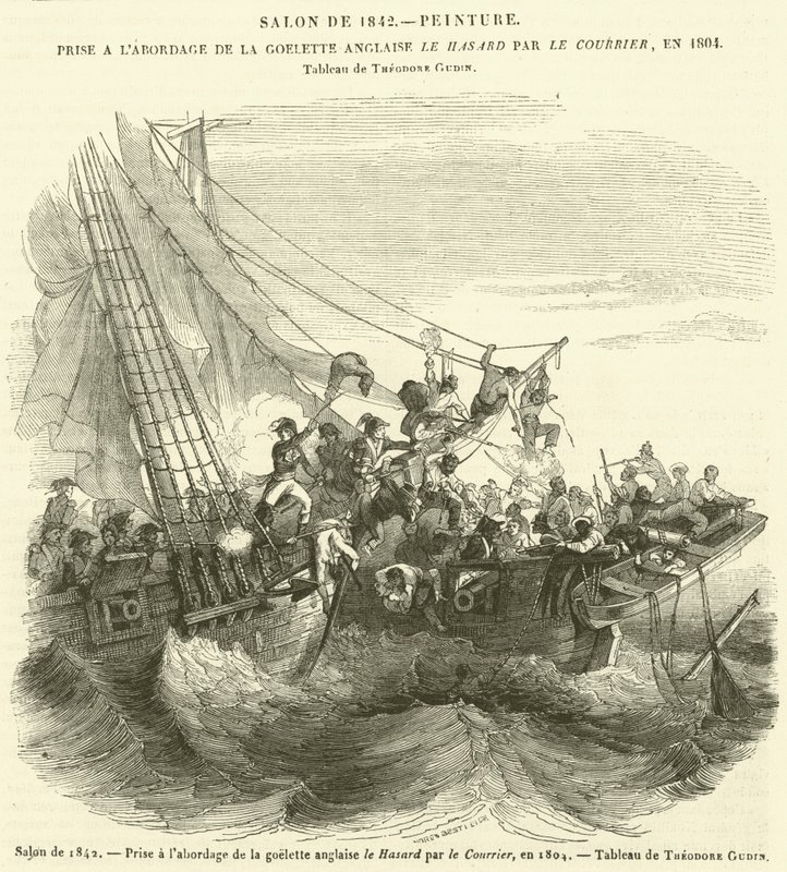 Salong 1842, tagen ombord på den engelska skonaren Le Hasard av kuriren, 1804 (gravyr) av French School