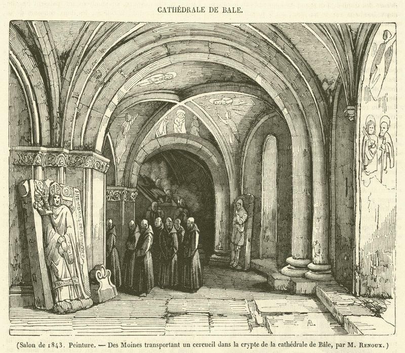 Salongen 1843, Målning, Des Moines transporterar en cercueil i kryptan i Bale-katedralen (gravyr) av French School
