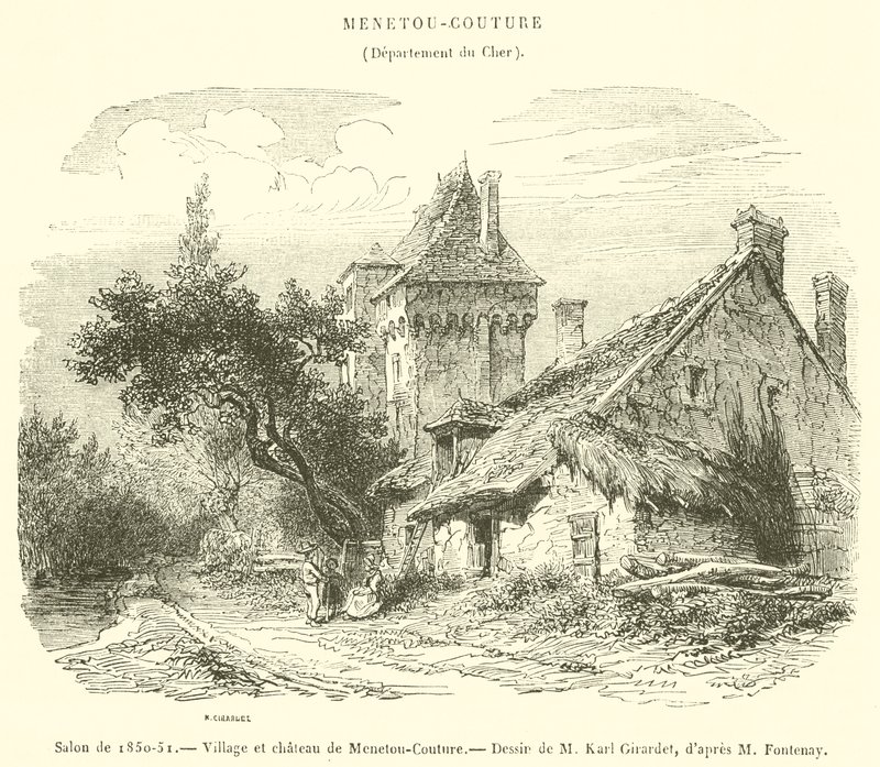Vardagsrum 1850-51, byn och slottet Menetou-Couture (gravyr) av French School
