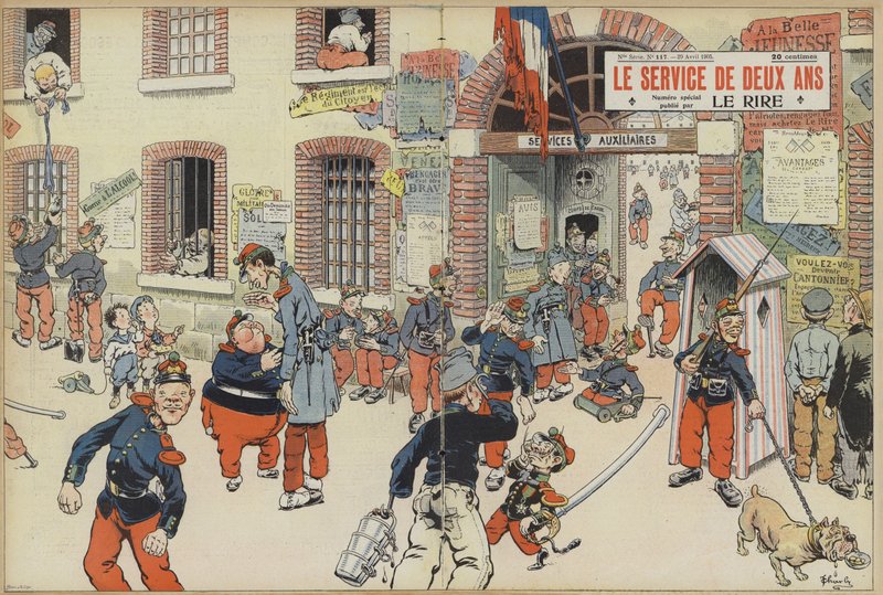 Satir över införandet av värnplikten i den franska armén. Illustration för Le Rire (färg litho) av French School