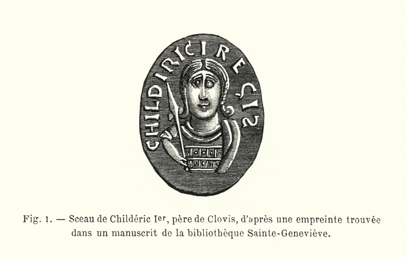 Sigill av Childeric I, far till Clovis, från ett avtryck som hittats i ett manuskript i Sainte-Genevieve-biblioteket (gravyr) av French School