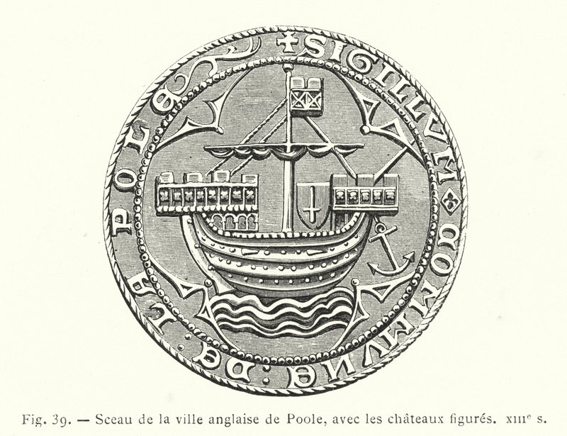 Sigill av den engelska staden Poole, med slottsfigurer, 1200-talet (gravyr) av French School