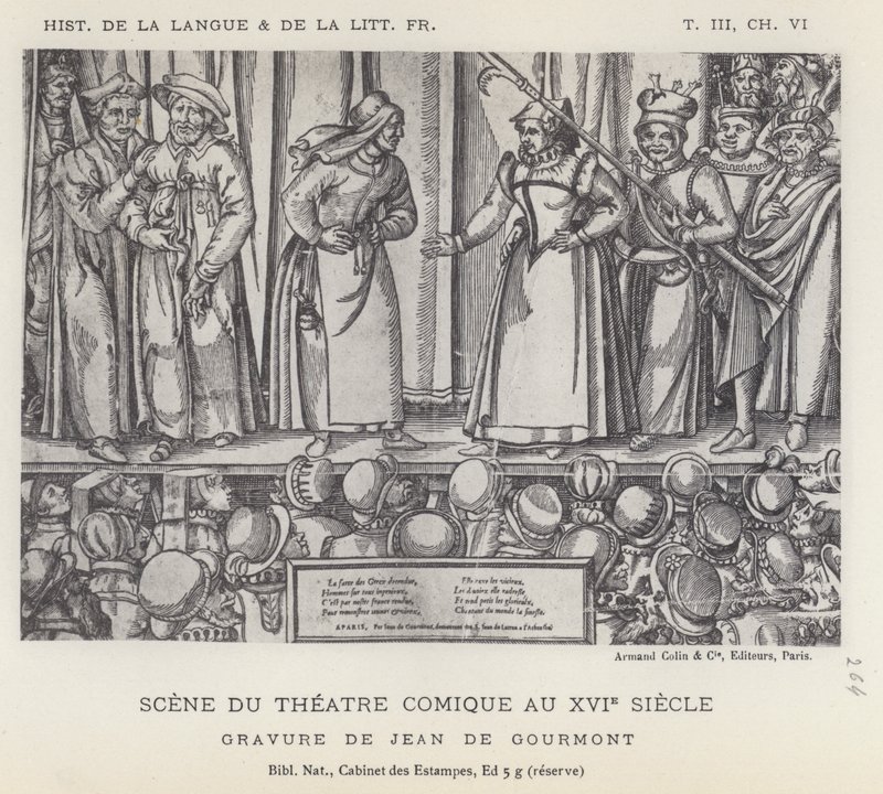 Scen från den komiska teatern under 1500-talet (litho) av French School