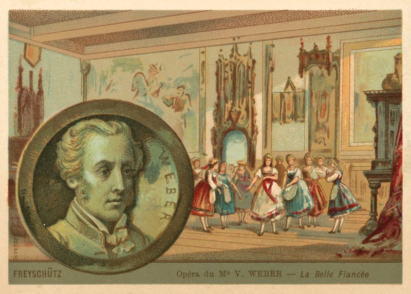 Scen från Carl Maria von Webers opera Der Freischutz (chromolitho) av French School