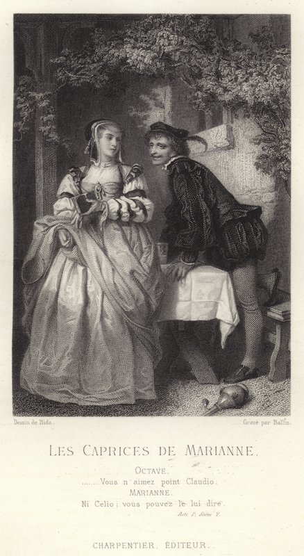 Scen från Les Caprices de Marianne, en pjäs av Alfred de Musset av French School