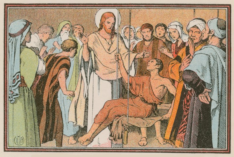 Scen ur Jesu liv (färgad gravyr) av French School