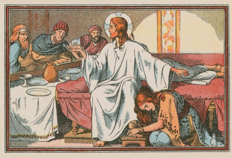 Scen ur Jesu liv (färgad gravyr) av French School
