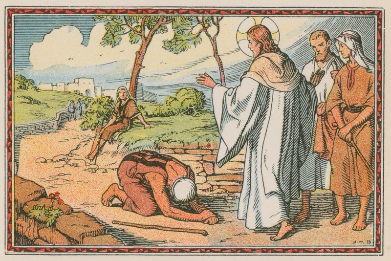 Scen ur Jesu liv (färgad gravyr) av French School
