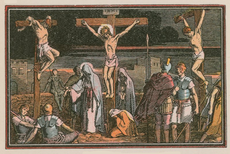 Scen ur Jesu liv (färgad gravyr) av French School