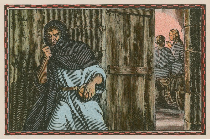 Scen ur Jesu liv (färgad gravyr) av French School