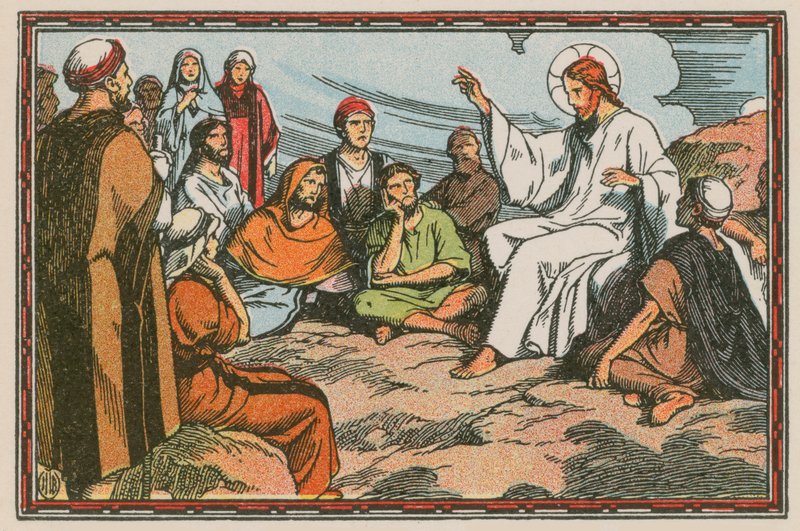 Scen ur Jesu liv (färgad gravyr) av French School