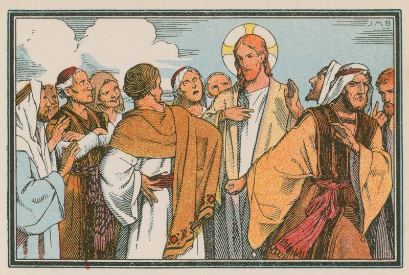 Scen ur Jesu liv (färgad gravyr) av French School