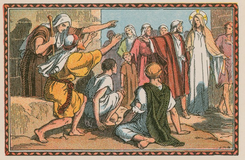 Scen ur Jesu liv (färgad gravyr) av French School