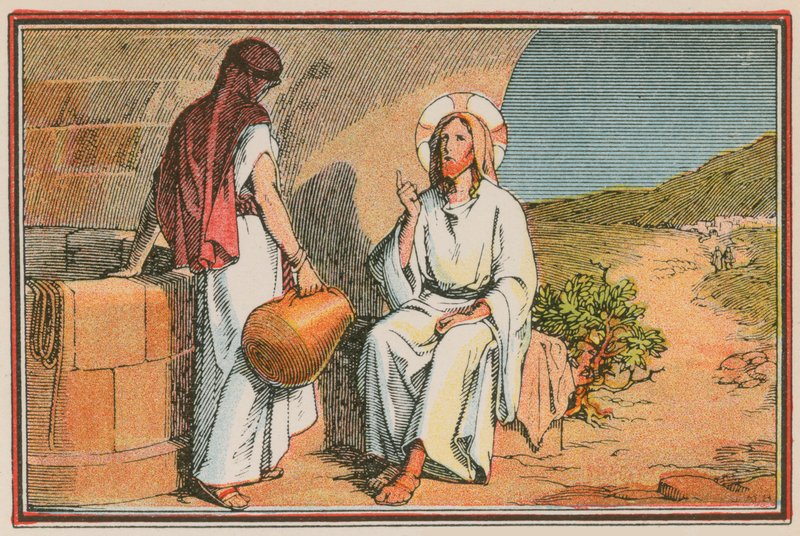 Scen från Jesu liv (färgad gravyr) av French School