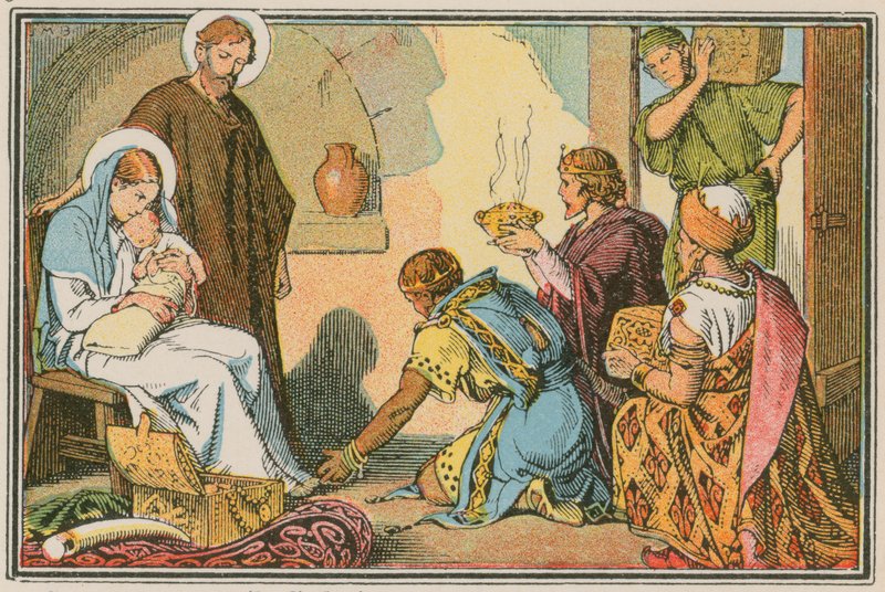 Scen ur Jesu liv (färgad gravyr) av French School